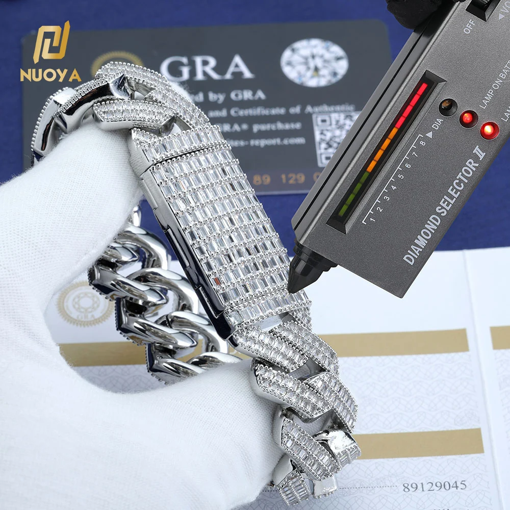 NUOYA Fine Jewelry 20mm 925 Sterling Silver Chunky Cuban Link Chain Pass Diamond Test Baguette VVS Moissanite Necklace Women，