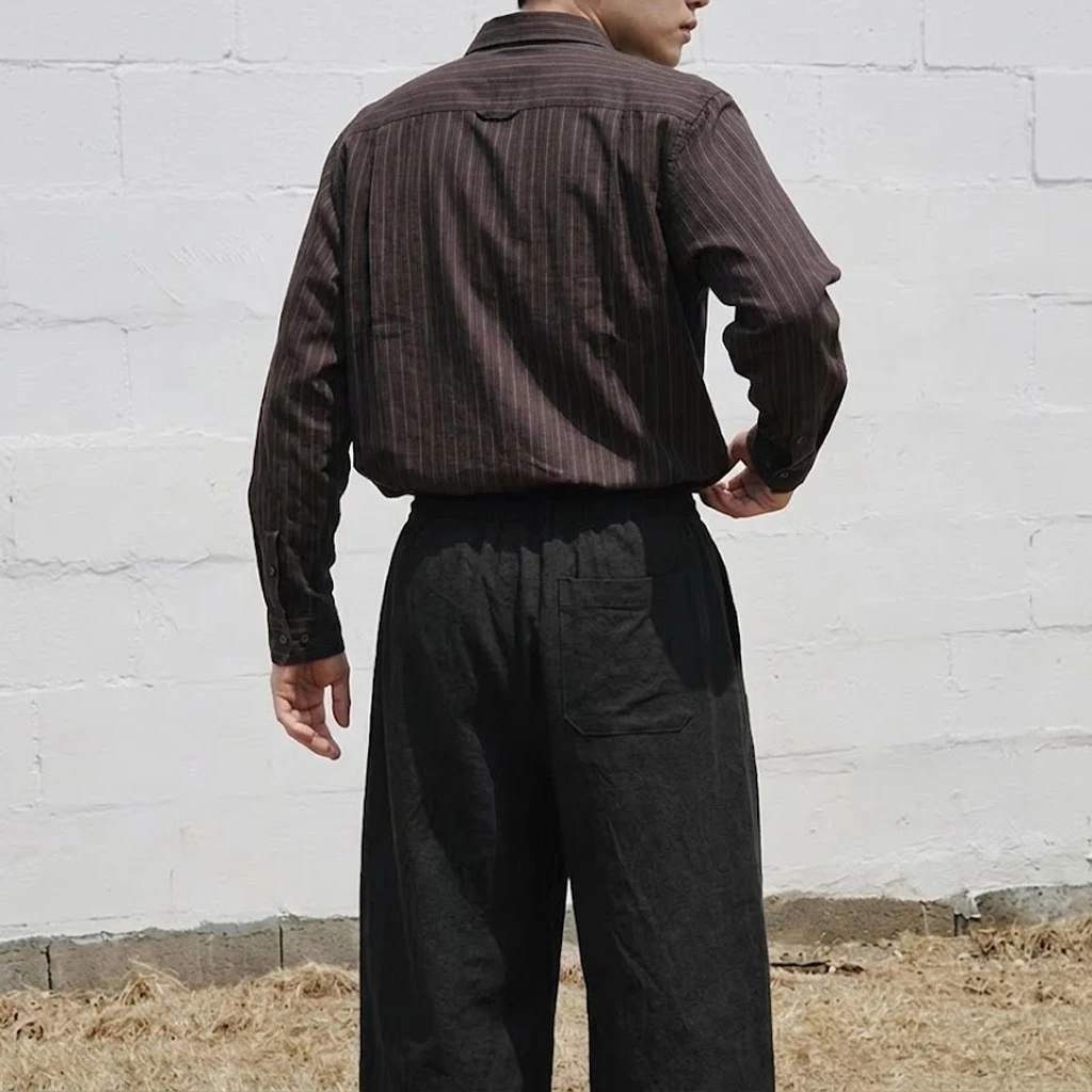 Neue Herren-Freizeithose aus Baumwolle mit weitem Bein, lockerer Passform, Kordelzug und elastischem Bund, atmungsaktive Baggy-Hose in Unifarbe, Streetwear – Detail 6