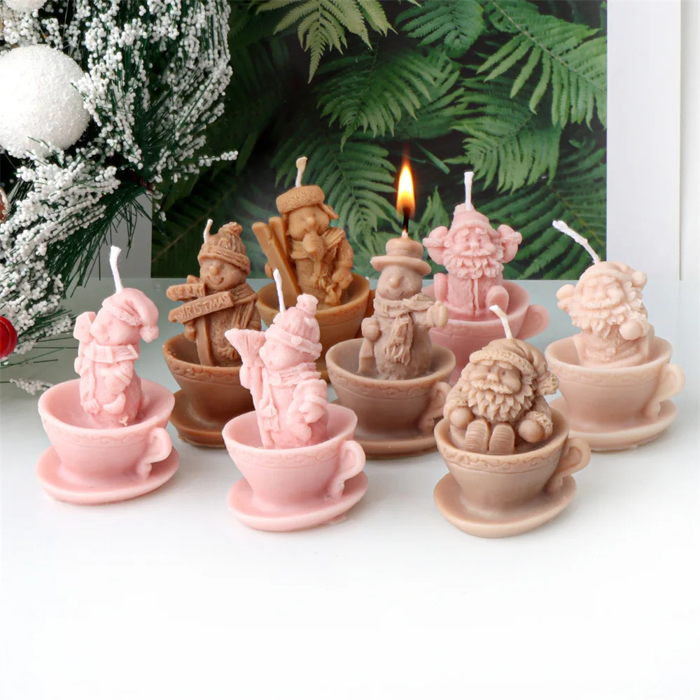 

8 Style Christmas Mini Santa Cups Candle Silicone Mold 3D Cute Snowman Santa Aromatherapy Candle Plaster Resin Mould X-mas Gifts