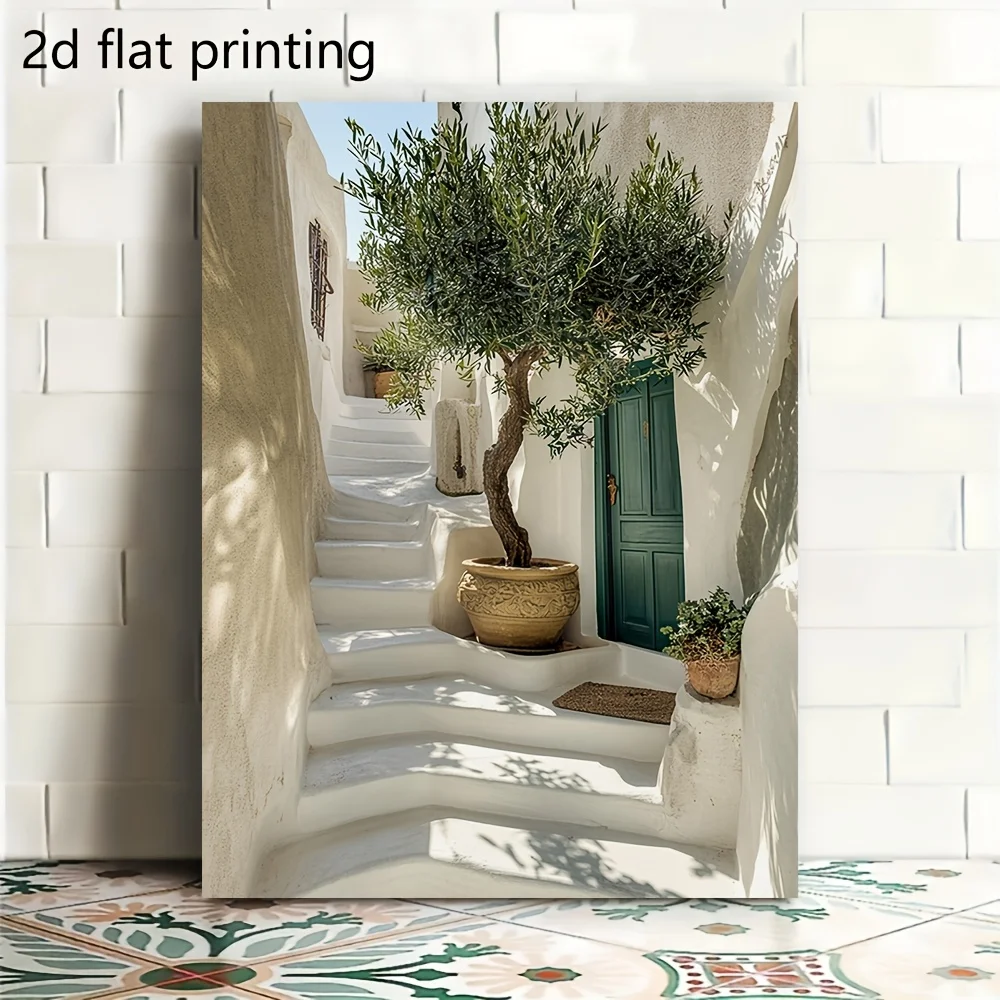 (No frame)Framed Canvas Wall Art, 2D Flat 1pc, Greek Santorini White Plaster Alley Green Wooden Door Potted Olive Tree Sunlig