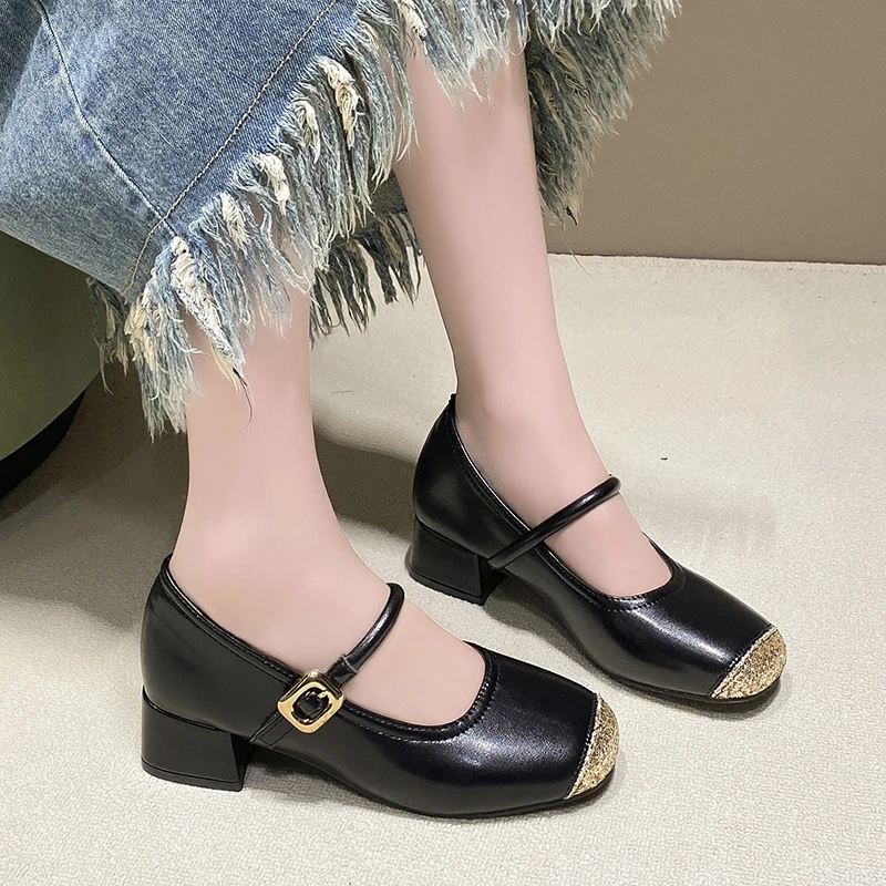 

Bling Mixed Color Ballet Shoes Flat with Round Toe Buckle Strap Black Silvery Shallow Women Mary Jane Shoes Elegant Dress Shoes