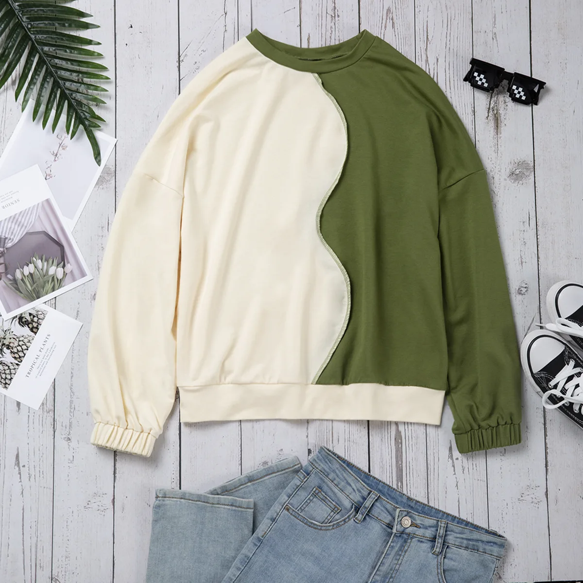 

2025 YJKDYK Spring Autumn Women's Sweatshirt Lady's Contrast O-neck Long Sleeve Top Female Casual Loose Workout Jumper Coat Tops