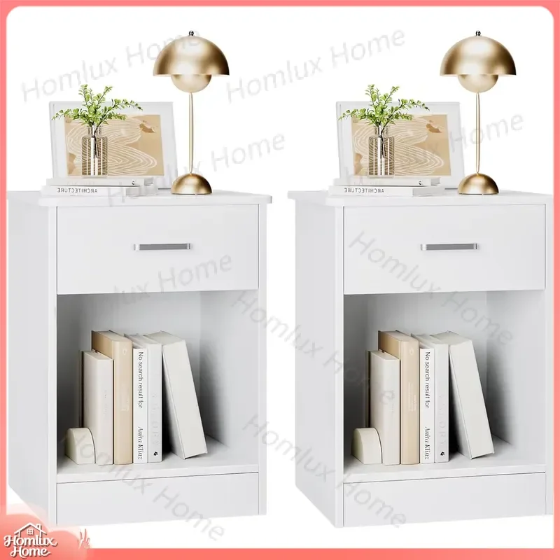 Modern 2-Tier Wooden Bedside Table with Drawers Storage Rack for Bedroom Furniture White Nightstand Small Space Friendly