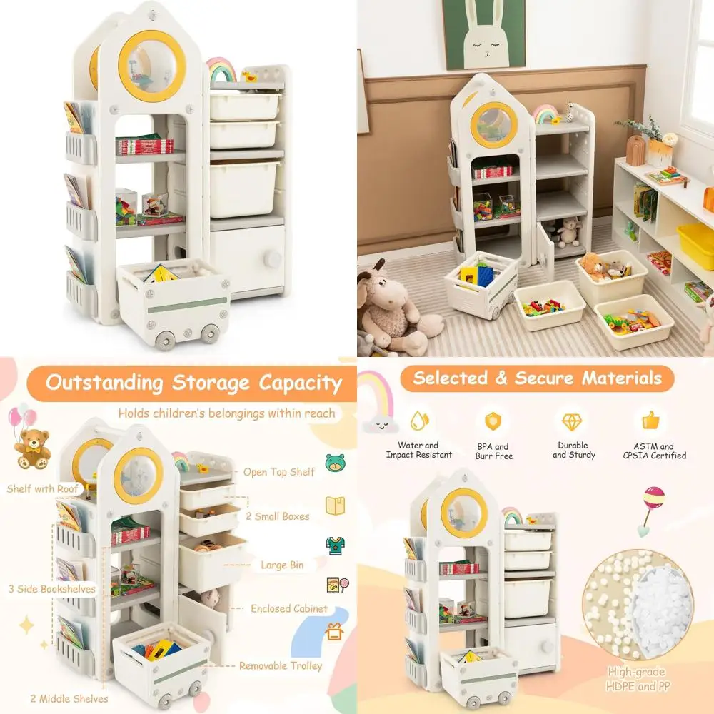 

Универсальный многофункциональный детский стеллаж для книг и игрушек с тележкой, полками, шкафом для хранения и 3 контейнерами для игровых комнат и спален