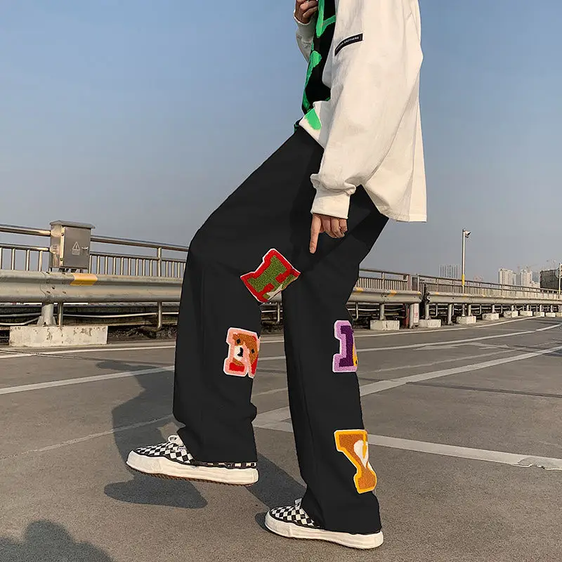 National tide vibe style pants men's loose straight spring summer overalls embroidered brand hip-hop high street wide-leg pants