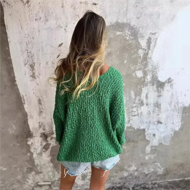 Women's Knitted Pullovers 2025 Women's Cold Shoulder Sweaters Split-Joint Contrast Color Puff Sleeves Loose High Neck Tops