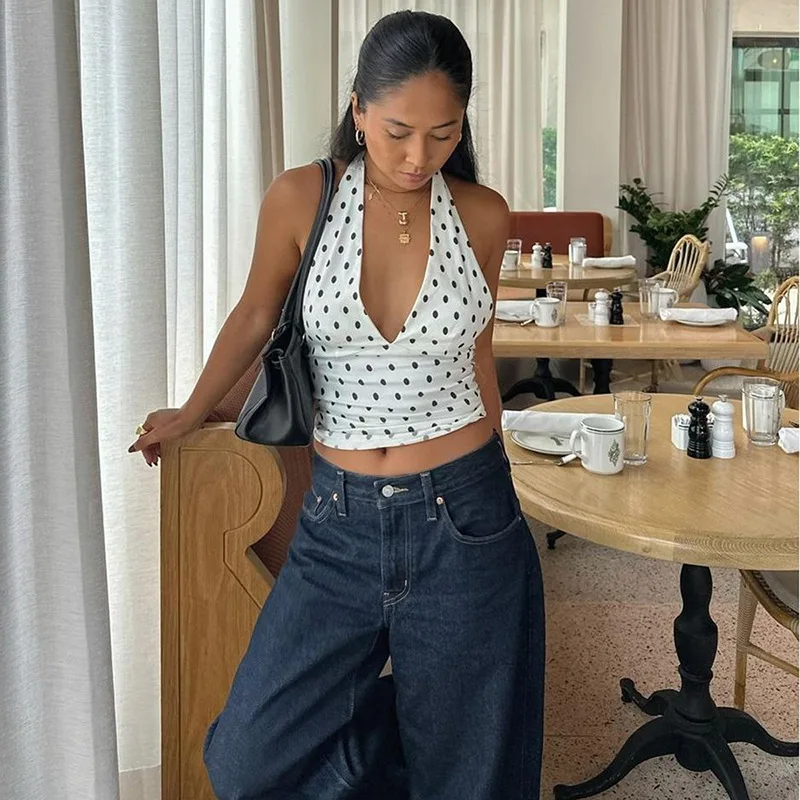 Damen-Top mit V-Ausschnitt, offenem Rücken, Schnürung, Polka-Dot-Muster, figurbetont, Tank-Top-Stil, Y2K-Sommermode, Alltags-Streetwear, Basic-Oberteil. – Detail 11