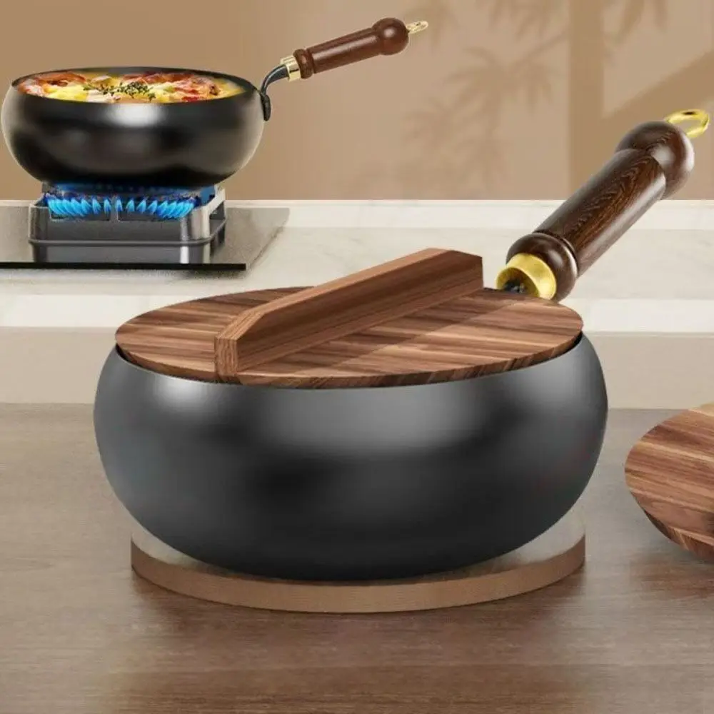 

Кастрюля с антипригарным покрытием, китайский кухонный вок, деревянная ручка без покрытия, железная сковорода для жарки, кастрюля для супа с плоским дном и большим животом, кухня