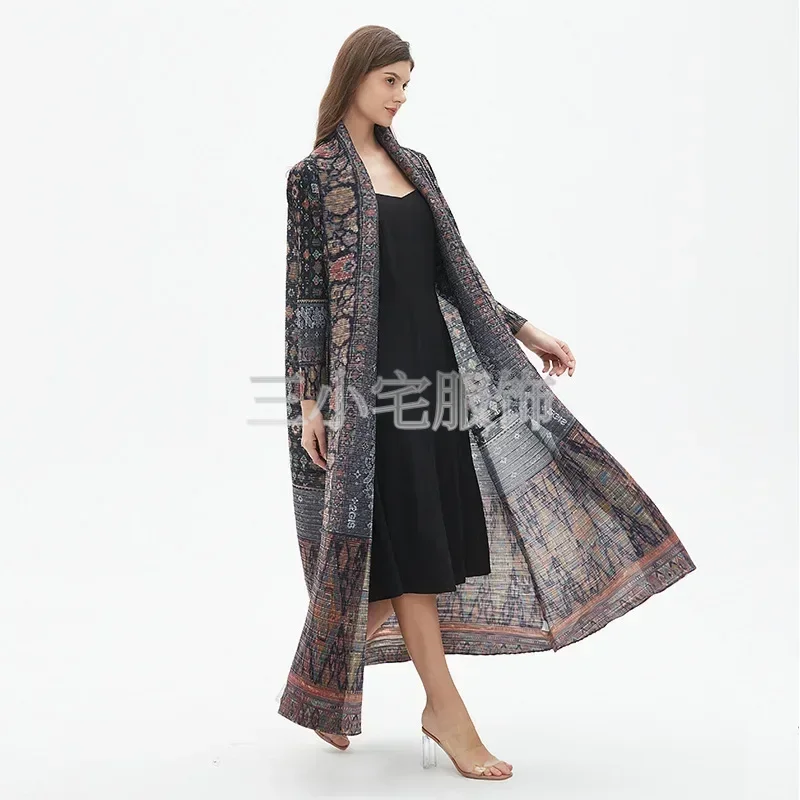 YUDX Miyake Pleated Classic Women's Long Gown Loose Plus Size Long Sleeve Tie Design Trench Vintage Printed Dress 2024 Summer