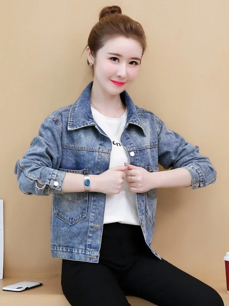 Printemps automne 2025 ample coréen Sle Denim Jaet ort vêtements d'extérieur femmes minceur polyvalent strass à motifs Jaet
