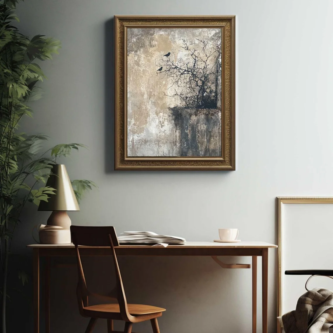 Tranquil Wabi-Sabi Bird Wall Art - Impasto Print of a Peaceful Nature Scene, Blending Rough Textured Layers with Delicate Bird S view 3