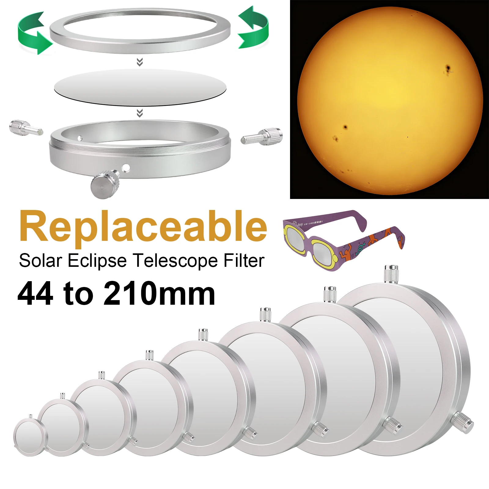 Filtre de télescope pour éclipse solaire remplaçable de 44 à 210 mm, film de protection solaire, objectifs d'appareil photo, lunettes pour observer le soleil ou les taches solaires