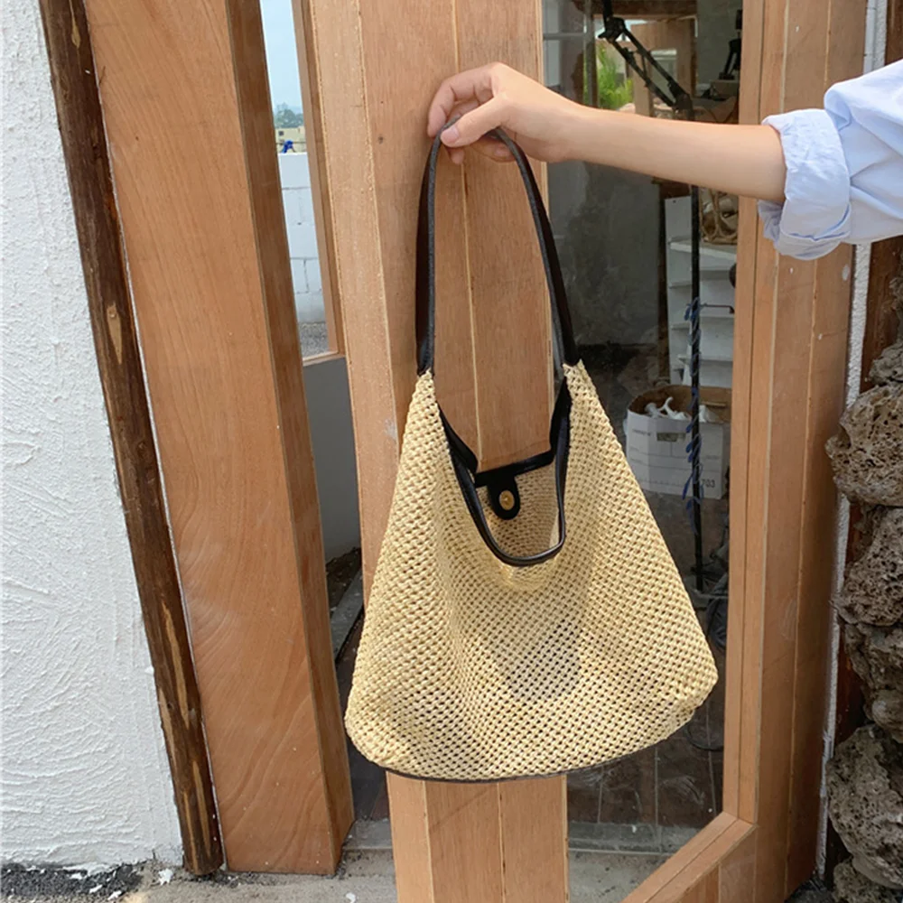 Bolso de mano tejido a mano para mujer, bolso de mano Retro, bolso de paja trenzado, de gran capacidad bolso de hombro, nueva moda