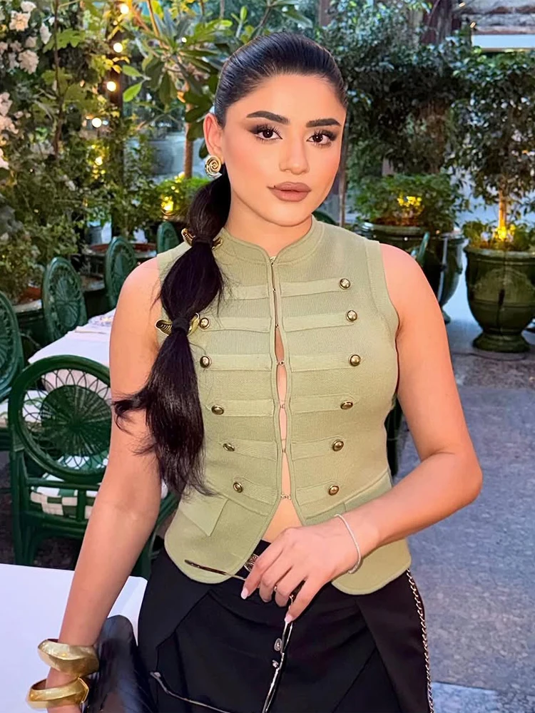 

Women's Military Style Knit Vest Elegant Fashion Gold Button Green Sleeveless Waistcoat 2026 Lady Office Wear Camisole