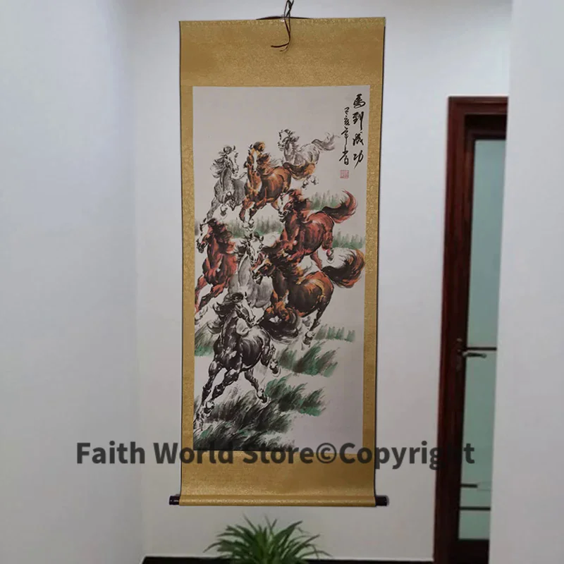 WOW # TOP foreign business gift Home company WALL Decorative art Success GOOD LUCK 8 horses FENG SHUI ART chinese painting work