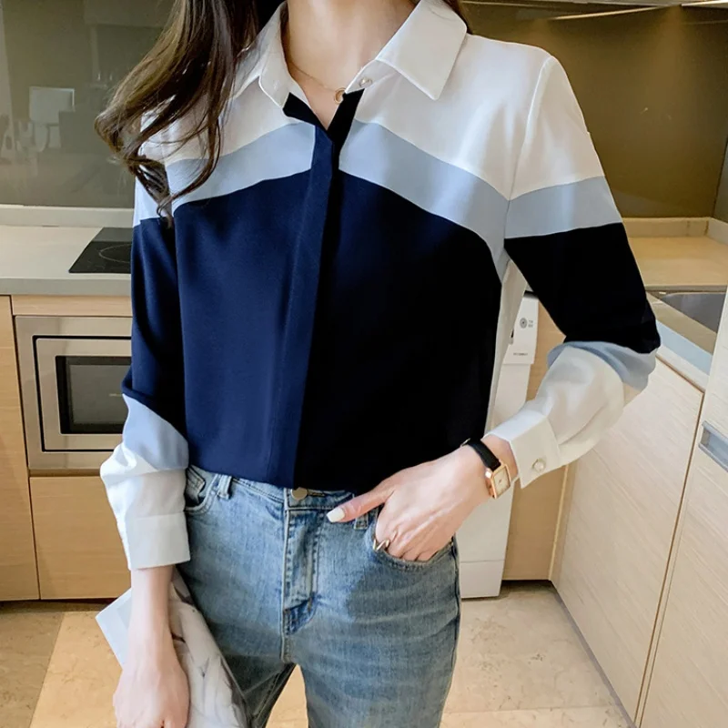 긴소매 쉬폰 여성 셔츠 오피스룩 우아한 블라우스 스트라이프 프린트 탑 패션 턴다운 칼라 의류