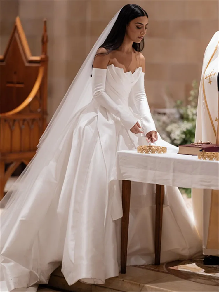 Satin Brautkleid vestido de noiva minimalista mangas desmon tables novia manga larga para boda por la iglesia sob medida braut