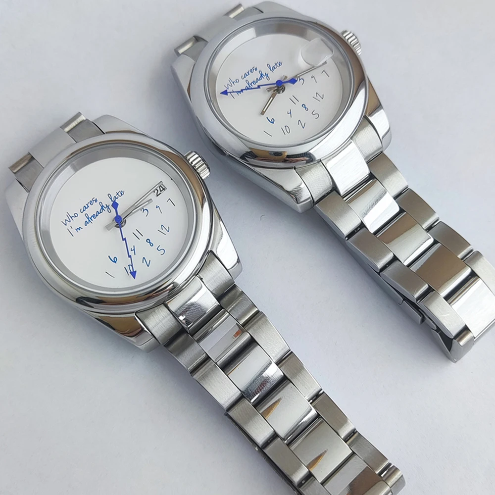 36mm/39mm NH35 Hot Watch Who cares im already late Watch No Logo Blue Text Dial Sapphire Crystal Glass NH35 Automatic Movement