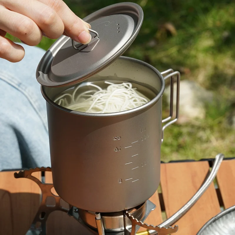 Titanium Camping Mug with Folding Handle Lightweight Portable Outdoor Cup Cooking Set Cookware for Hiking Travel view 5