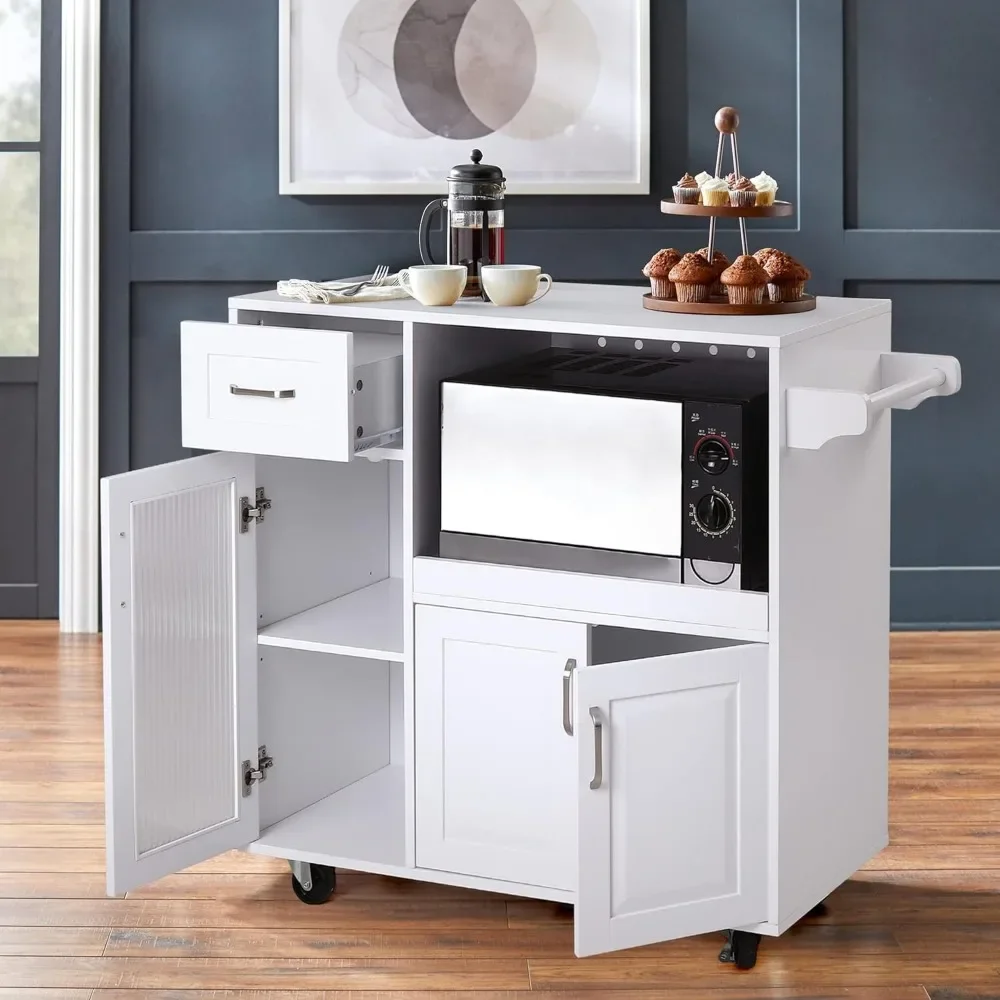 Microwave Stand Cart with Wheels - White Kitchen Island with Microwave Shelf, Rolling Kitchen Cart with Storage