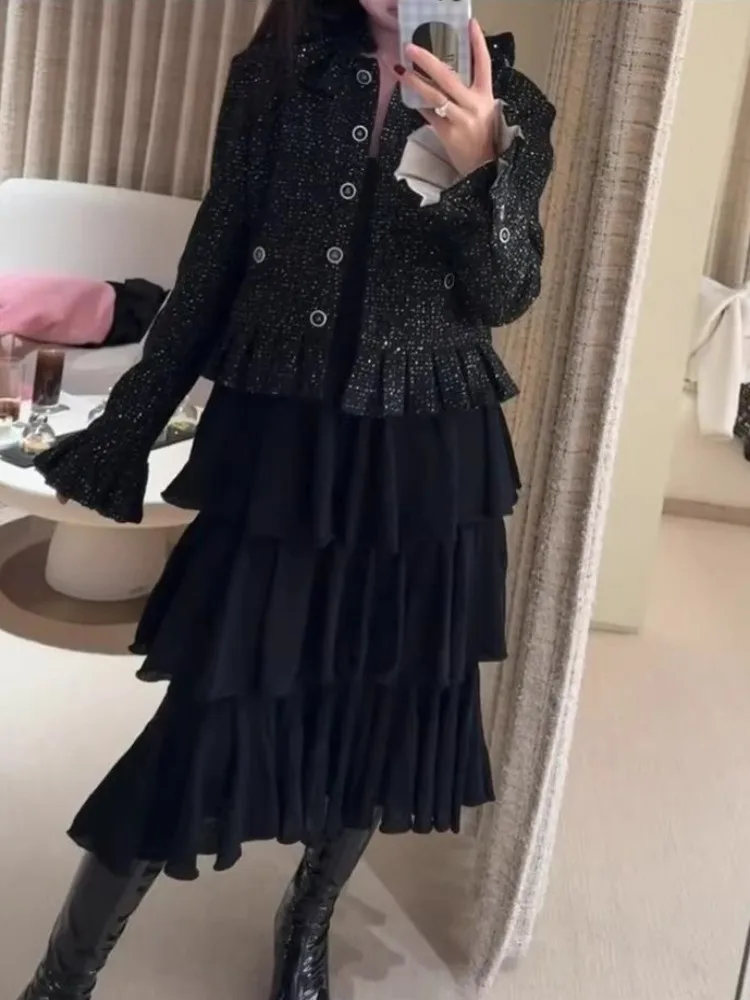 Autunno Nuovo monopetto donna giacca di tweed set volant colletto cappotto abiti sopra il ginocchio gonna con bordo volant set coordinato