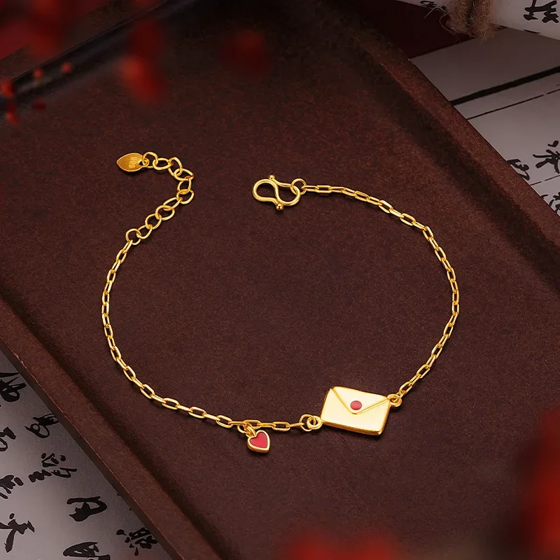 

Light Luxury Premium 9999 24K Real Gold Design Women's Love Letter Thin Bracelet Love Letter Red Love Heart Women's Bracelet