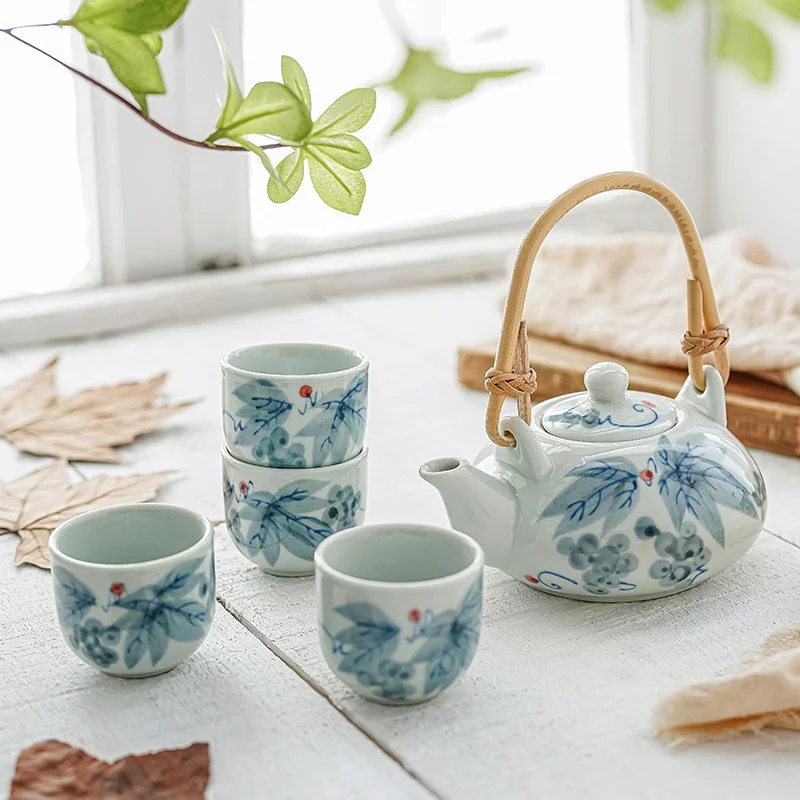 

High Quality Japanese Style Tea Set 1 Porcelain Tea Set Kettle + 4 Cups Grape Plum Blossom Printed Gifts For Friend Handpainted