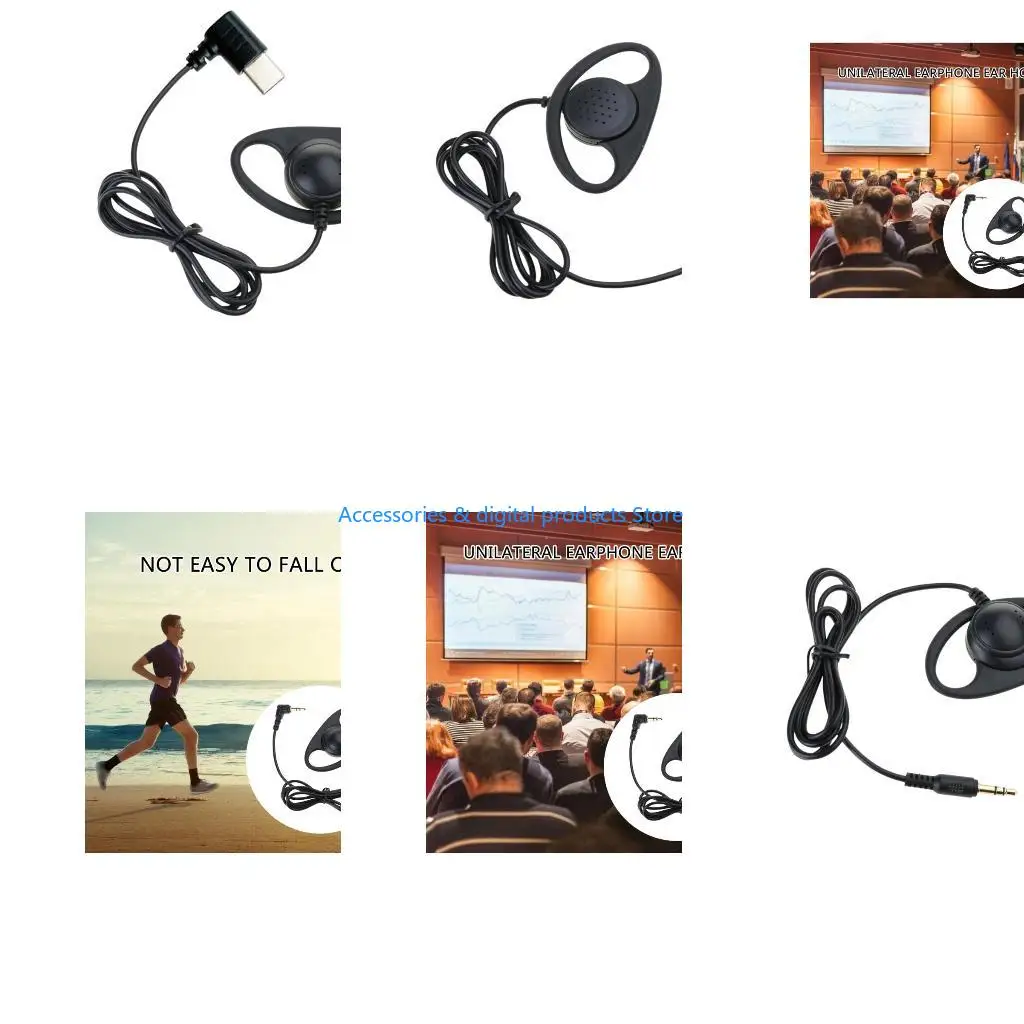 77JD USB C/3.5mm Ear Hook Single-Side Earphones Mono Earbud Corded Headsets Headphone Single Side for Mobile Phones Notebook