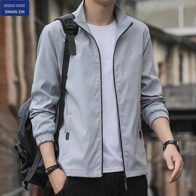 

Spring Autumn Men's Casual Loose Fit Pure Color Stand Collar Jaet Faionable Windproof Zipper Closure Polyester Fiber