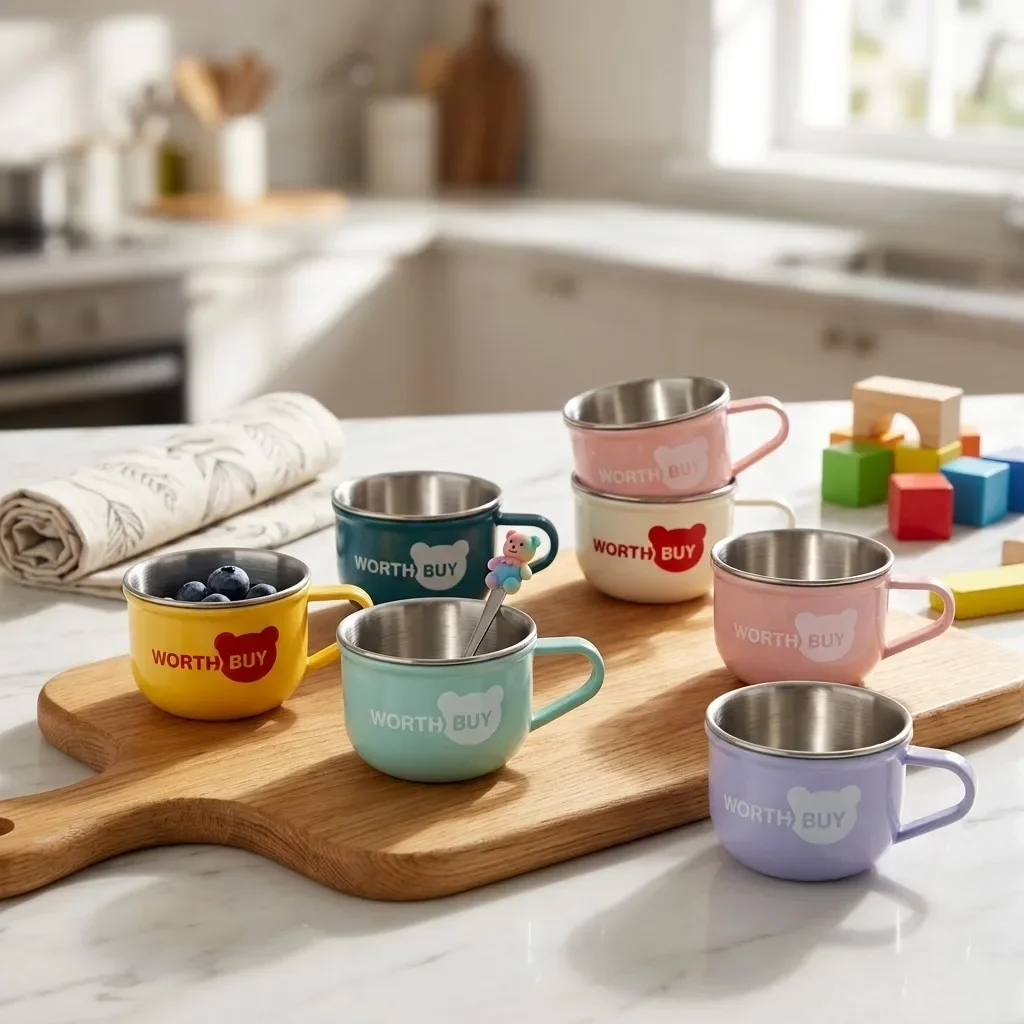 Kawaii 304 Stainless Steel Coffee Mug Double Wall Anti-scald Plastic Milk Tea Cup With Handle Unbreakable Portable Kids Mugs