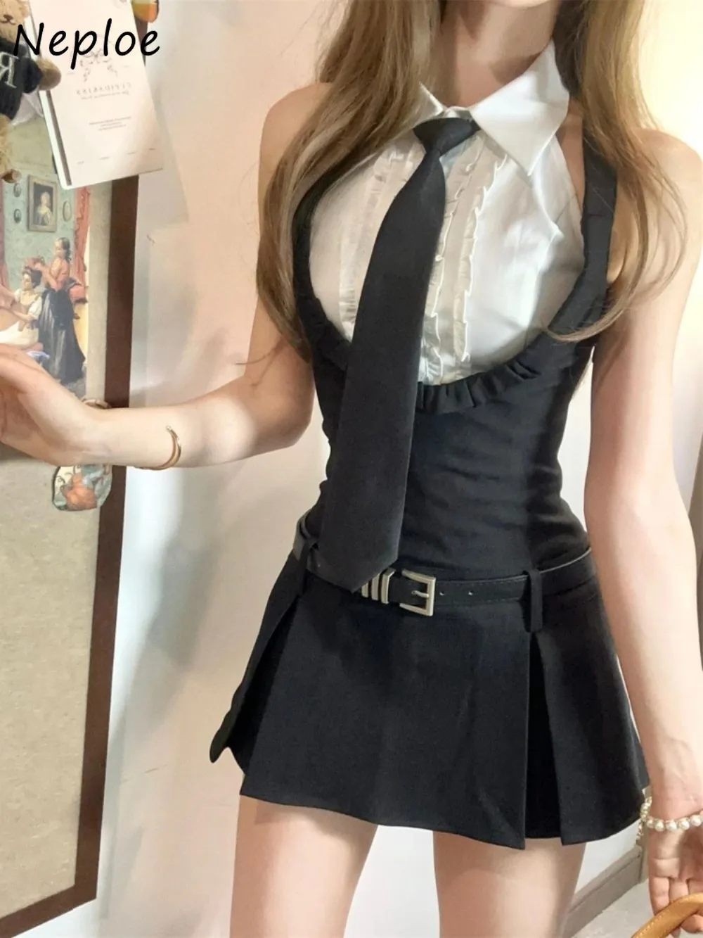 

Neploe Elegant Turn-down Collar Sleeveless Set Shirt High Waist Slim Strap Dress Uniform Summer New Preppy Style Suit Moda Skirt
