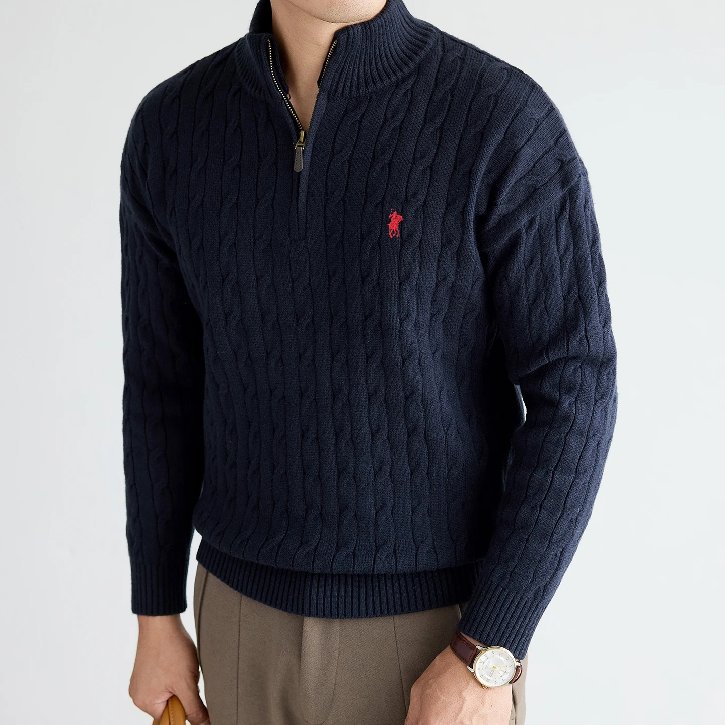 High Quality zipper collar knit sweater men's personalized fashion jacquard luxury brand pony embroidery winter warm pullover
