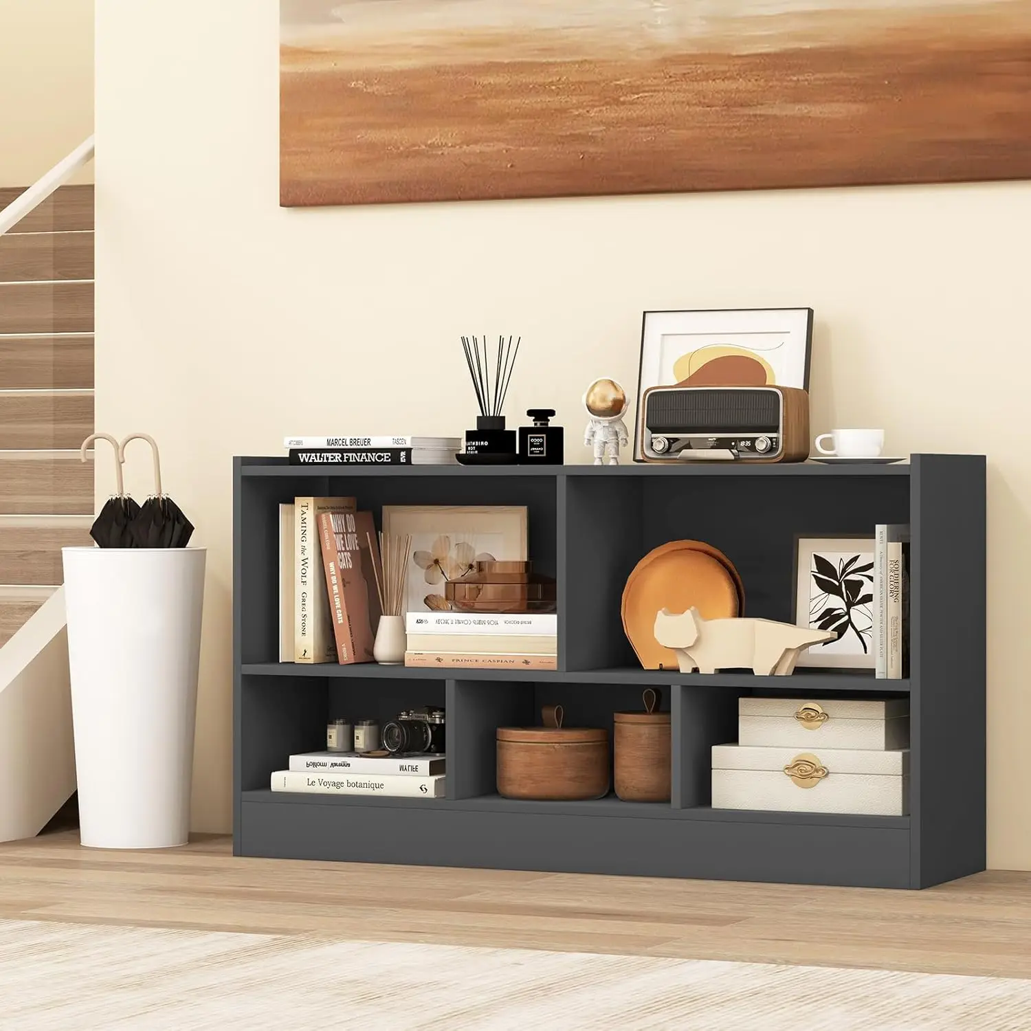 5-Cube Bookcase, Freestanding 3-Tier Bookshelf with Spacious Top & Raised Base, Modern Display Storage Organizer, Multip