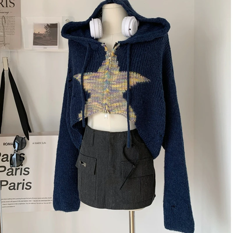 2023 Women Autumn American Retro Star Short Zipper Hooded Sweater Cardigan Lady Fashion Knit Crop Tops New Blue Knitwear Female