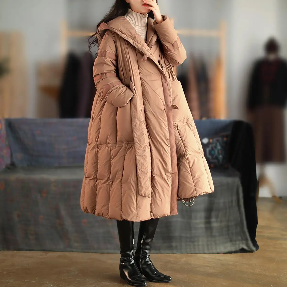 Long Down Coat For Women Winter Drawstring Lace-Up Oversized Loose Hooded Puffer Parkas Winter Fashion Warm Overcoat Female