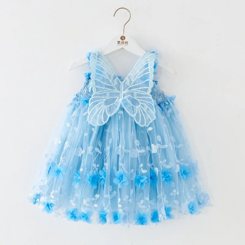 

2026 Spring Fairy Girls Cute Flowers Applique Puffy Princess Dress Angel Wings Mesh Dress Birthday Baby Suspender Party Dress