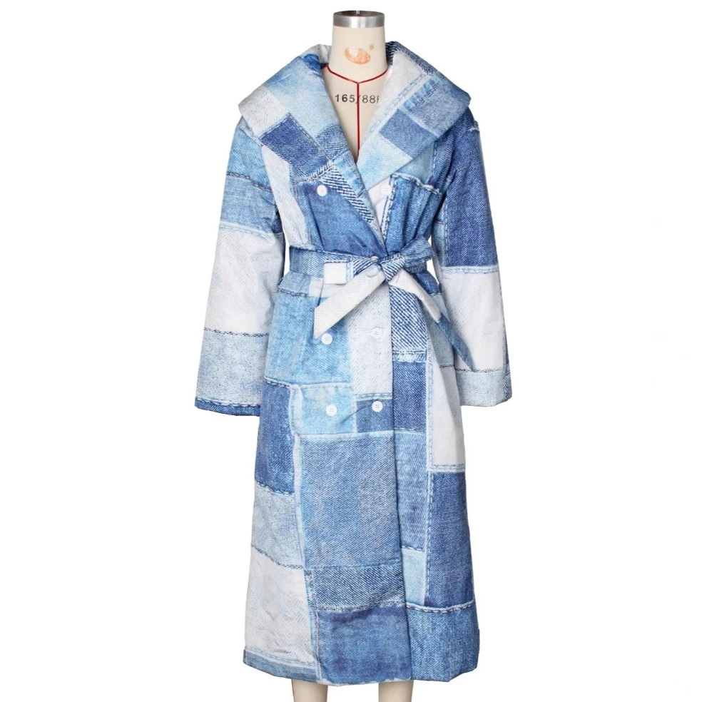 Parkas denim casacos feminino jaqueta longa impressão rendas até mangas compridas turn down collar duplo breasted solto casual 2025 outono inverno