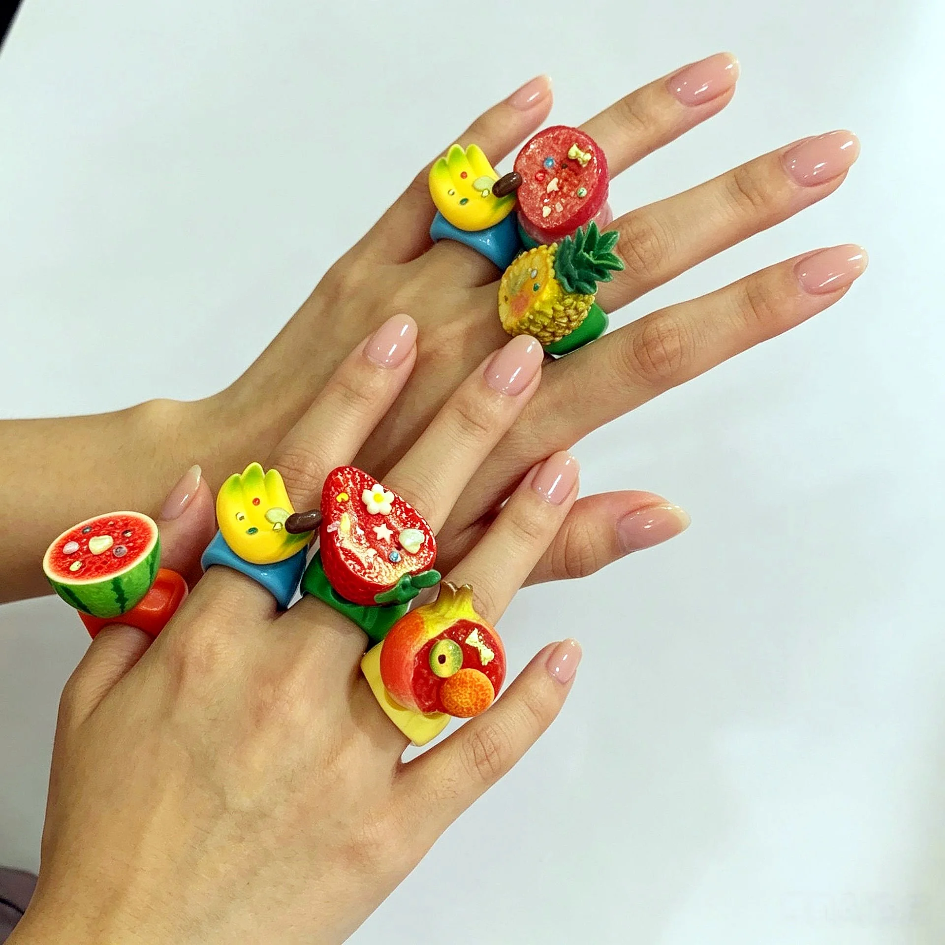 Y2K Cute Fruit Chunky Rings for Women 3D Strawberry Banana Watermelon Pineapple Resin Wide Band Rings Cool Statement Jewelry