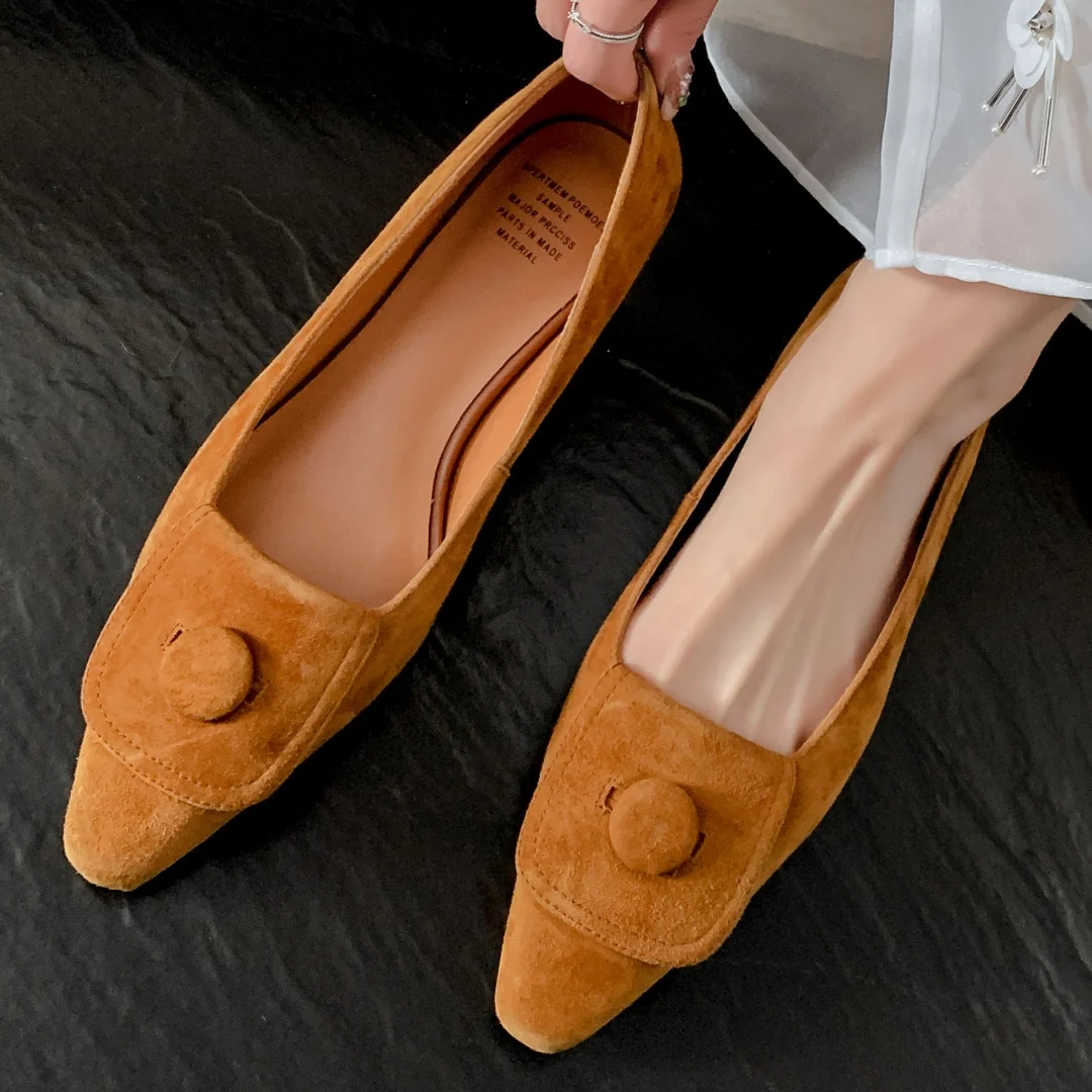 

Women's natural suede leather 2cm kitten heel pointed toe slip-on flats elegant ladies button decoration daily dress slim shoes