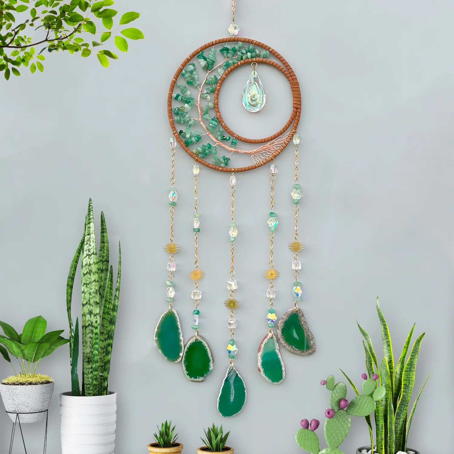 

Cross-border new natural crystal rough stone tree of life gravel moon sun catcher wind chime pendant garden pendant
