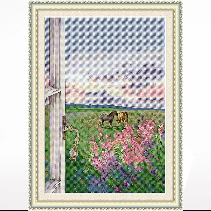 

Cross-embroidered picture of the living room bedroom with horse view, 11CT/14CT hand embroidered