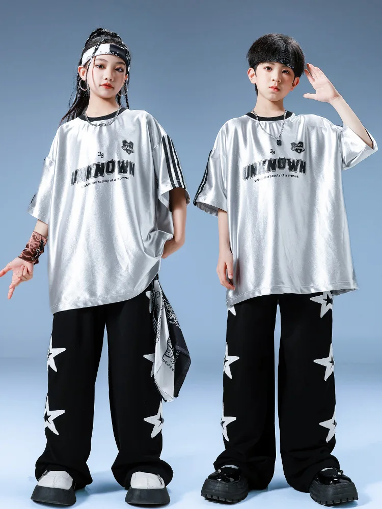 Boys Hip Hop Reflective T-shirt Loose Pants Girls Cool Sliver Sequin Streetwear Kids Street Dance Clothes Set Child Jazz Costume