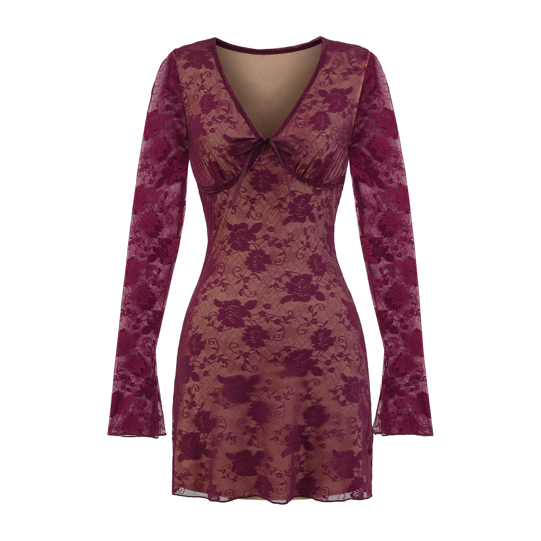 Herbst Neue frauen Amerikanischen Mode Stil Würzig Tiefem V-ausschnitt Spitze A-linie Lange Ärmeln Kleid Sexy Mesh Jacquard, Figurbetontes Kleid FJT8