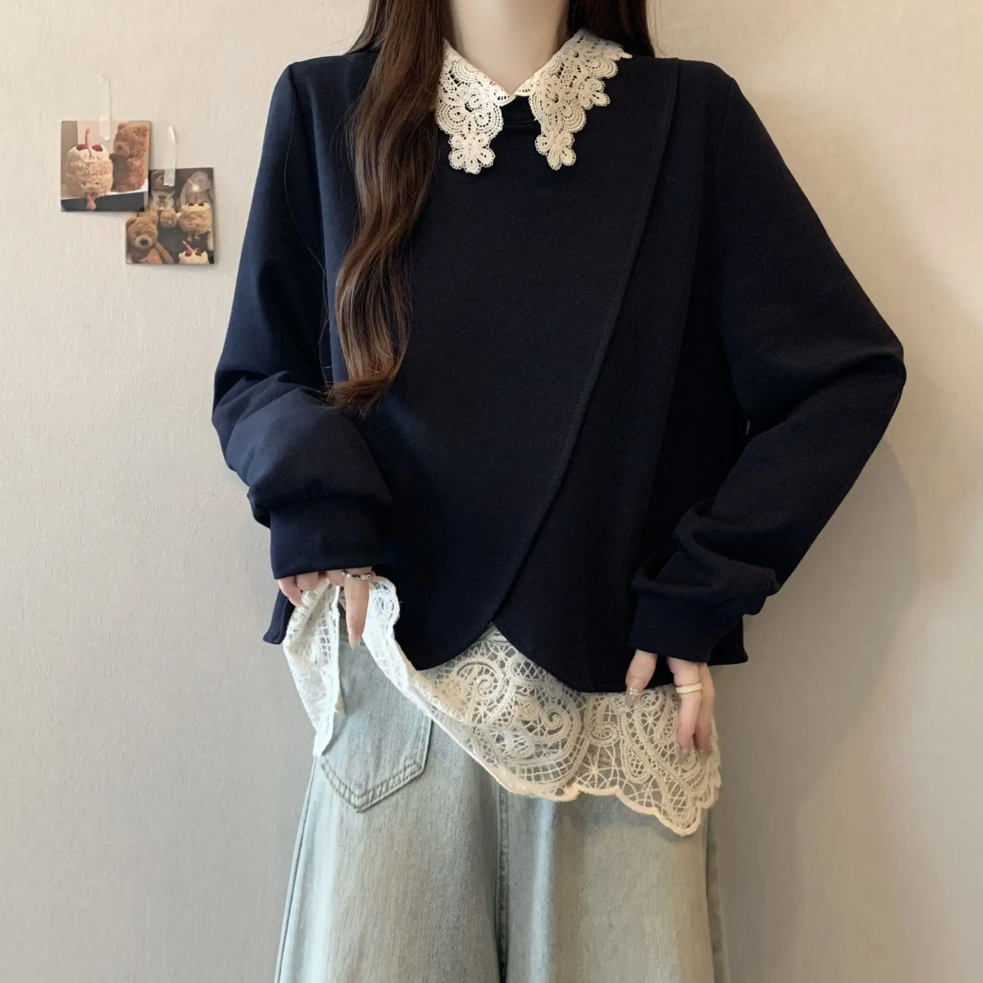 2025 New Autumn Doll Collar Sweater Fake Two Large Size Unique Lace Splicing Sweater