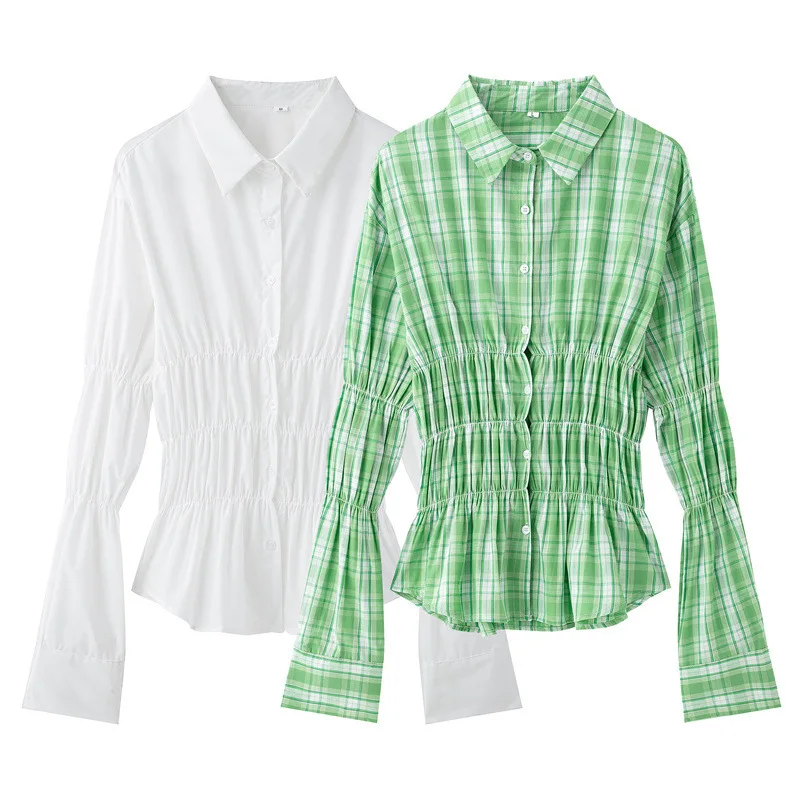 

New 2025 spring and summer new women's long sleeve elastic casual slim shirt