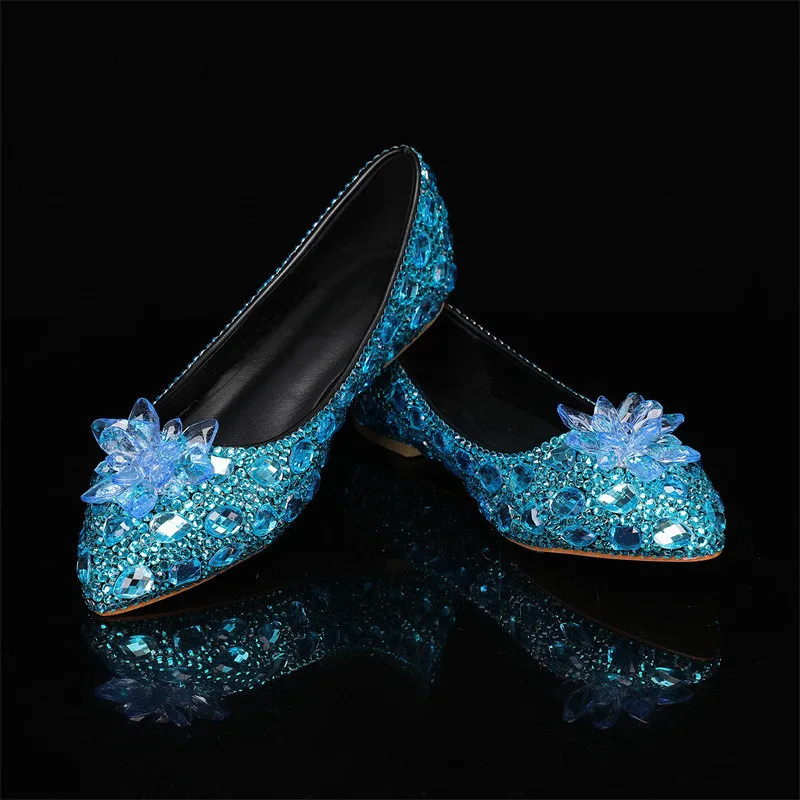 Bombas planas de diamantes de imitación para mujer, zapatos de lujo hechos a mano, con flores de cristal, a la moda, para primavera y otoño, para fiesta de graduación y boda