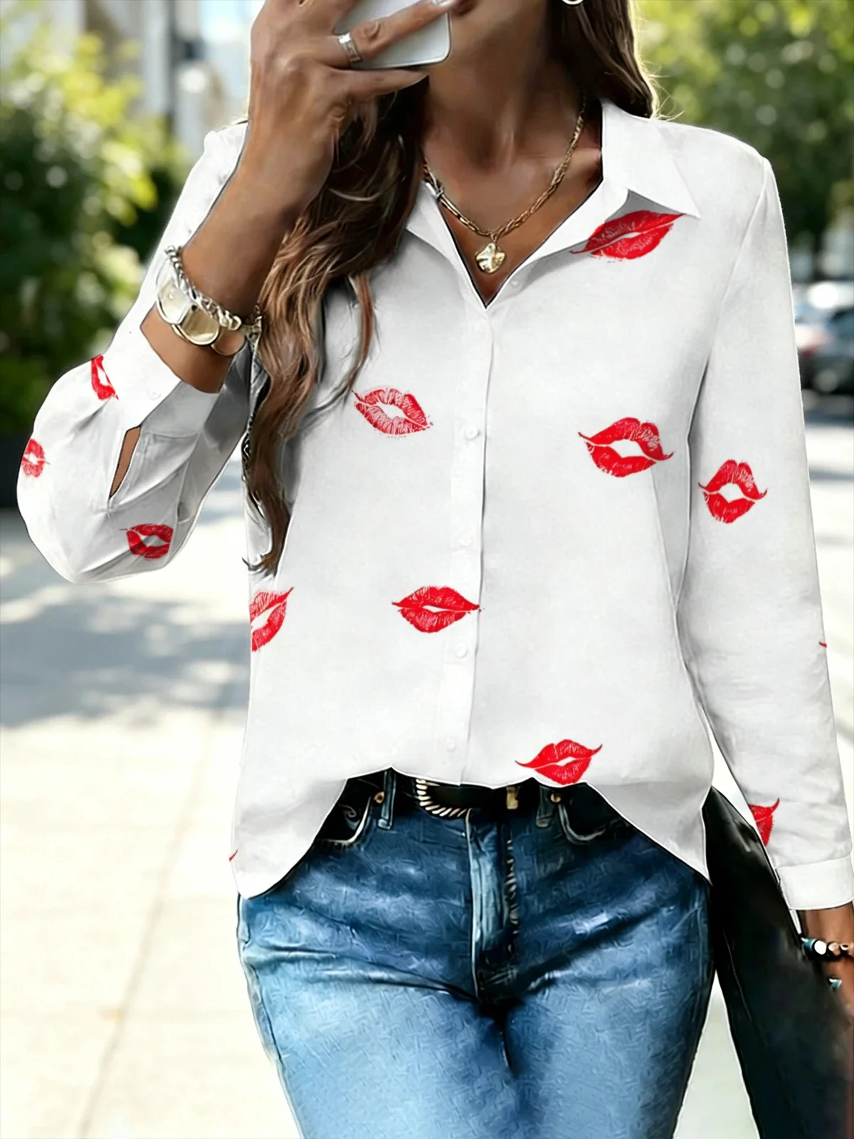 Sexy Dating Red Lip Kiss Women Long Sleeve Shirt Pure White Base Scattered Retro Lipstick Mark Lapel Button Down Valentine Party view 5