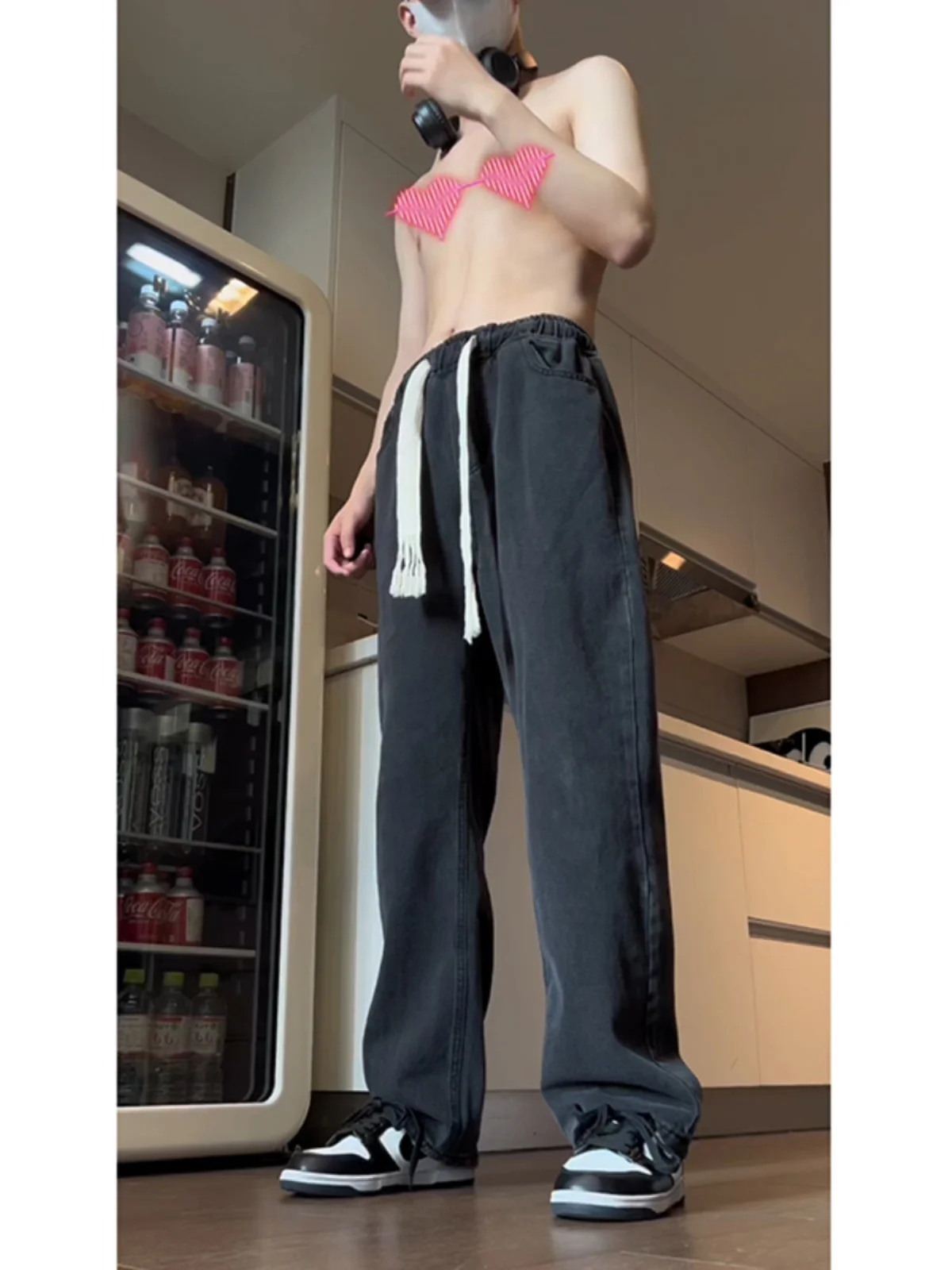 

Мужские джинсы Bla с высокой талией и широкими штанинами, прямые брюки с завязками, модные уличные летние молодежные брюки из смесового хлопка