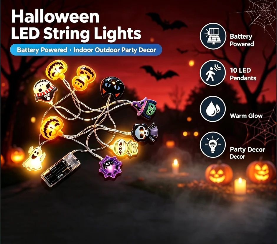 Battery Powered Halloween Fairy Lights, LED Ghost Pumpkin Spider Cat Witch Mummy String Lights for Party Room Yard Decoration