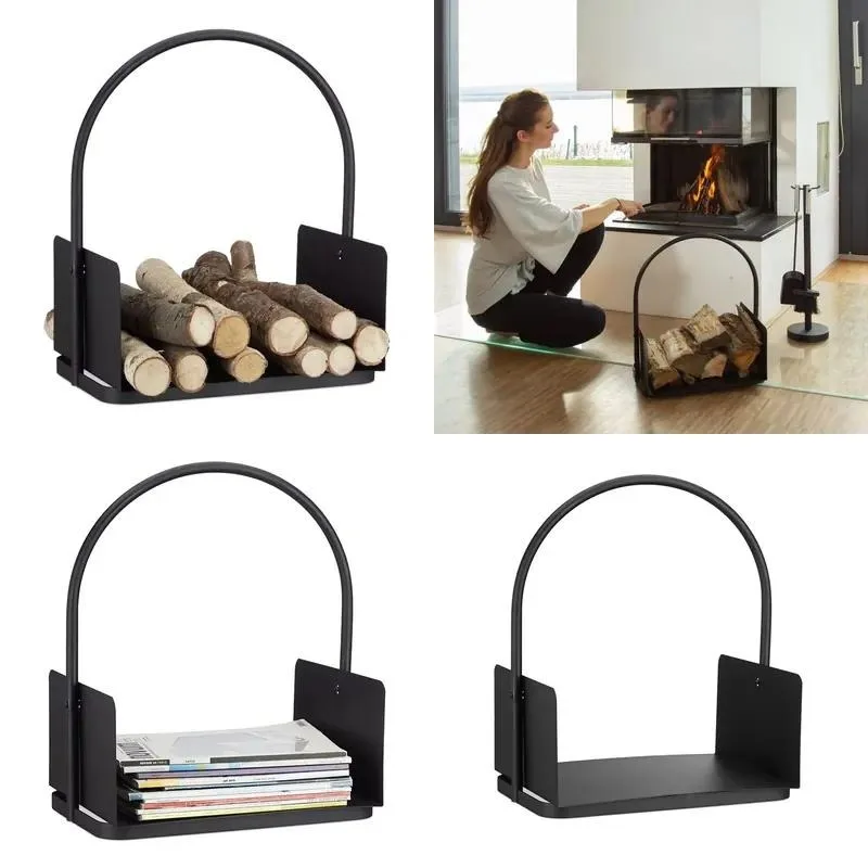 Nordic Black Wrought Iron Floor to Ceiling Firewood Storage Rack with Handle Basket for Living Room Home Use